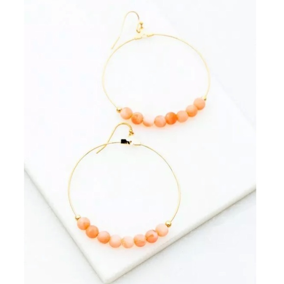 Pink Jade Natural Stone Bead Gold Hoop Earrings - Picture 1 of 3